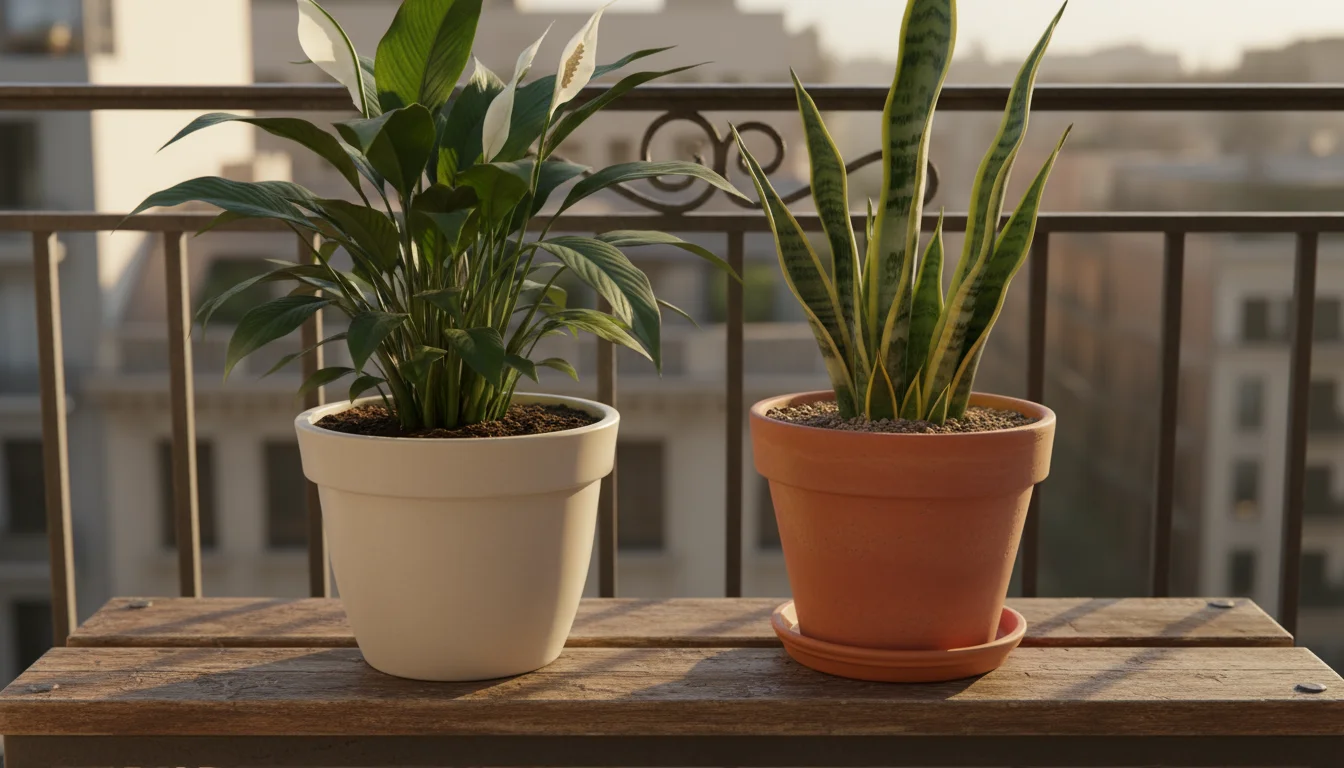A vibrant Peace Lily in a dark pot and a tall Snake Plant in a terracotta pot sit on a wooden bench on a sunny balcony.