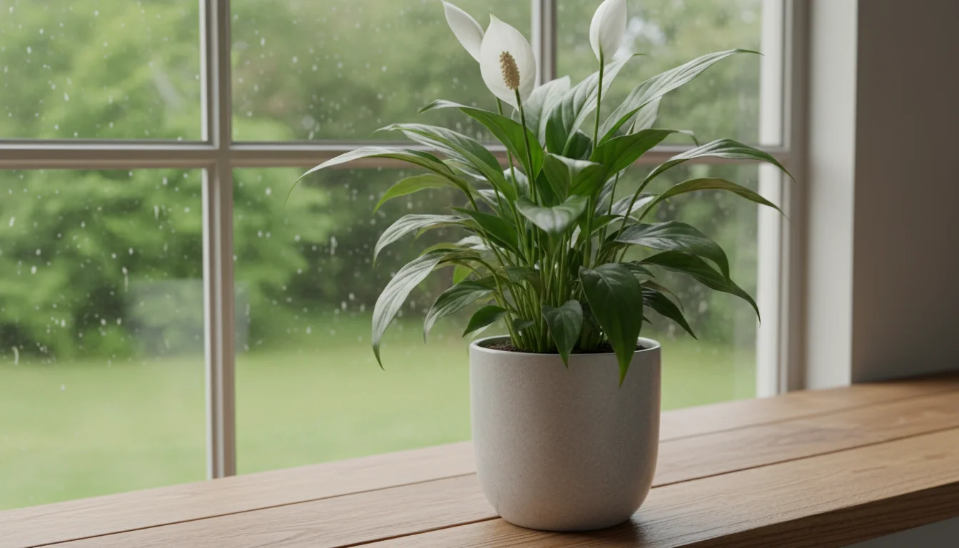 A vibrant Peace Lily in a grey ceramic pot on a wooden surface, its white spathes and deep green leaves softly lit, a few leaves subtly drooping.