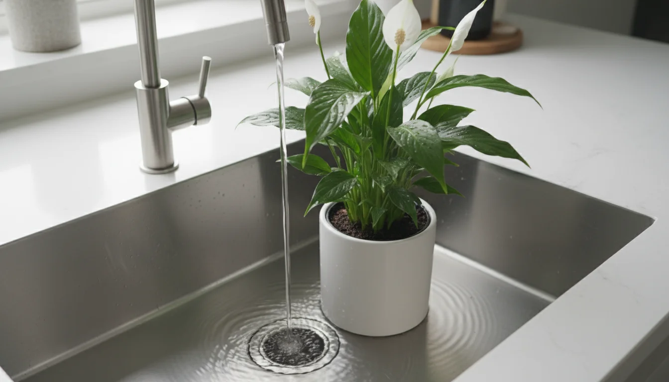 A vibrant peace lily in a white ceramic pot being flushed with water in a stainless steel kitchen sink. Water drains from the pot.