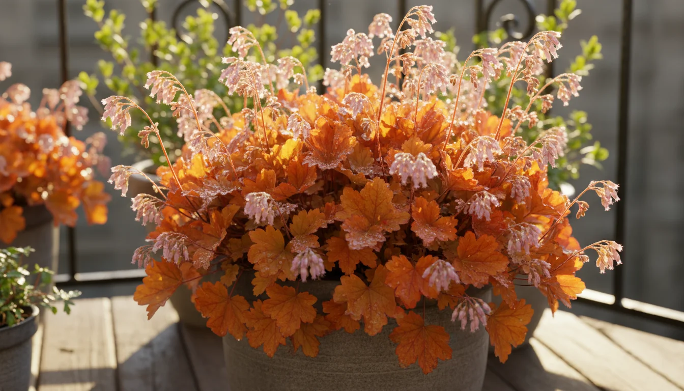 Vibrant 'Peach Flambe' Heuchera with new orange-gold foliage and pink flower stalks in a gray ceramic pot on a small urban balcony, illuminated by spr