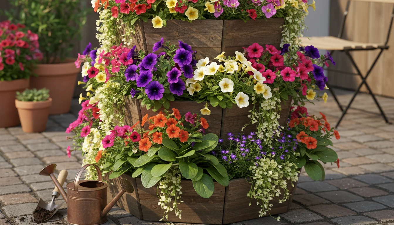 Vibrant petunias and calibrachoas cascading from a multi-tiered vertical planter on a patio, showing healthy growth and dark soil.