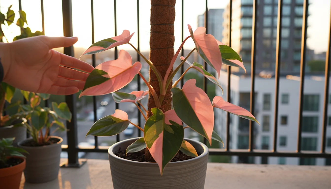 Close-up of a vibrant Philodendron 'Pink Princess' with distinct pink and green variegated leaves on a moss pole, on an urban balcony at golden hour.
