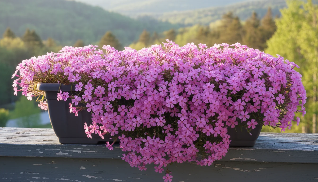 Vibrant pink creeping phlox cascading from a charcoal grey planter on a sunny wooden balcony railing.
