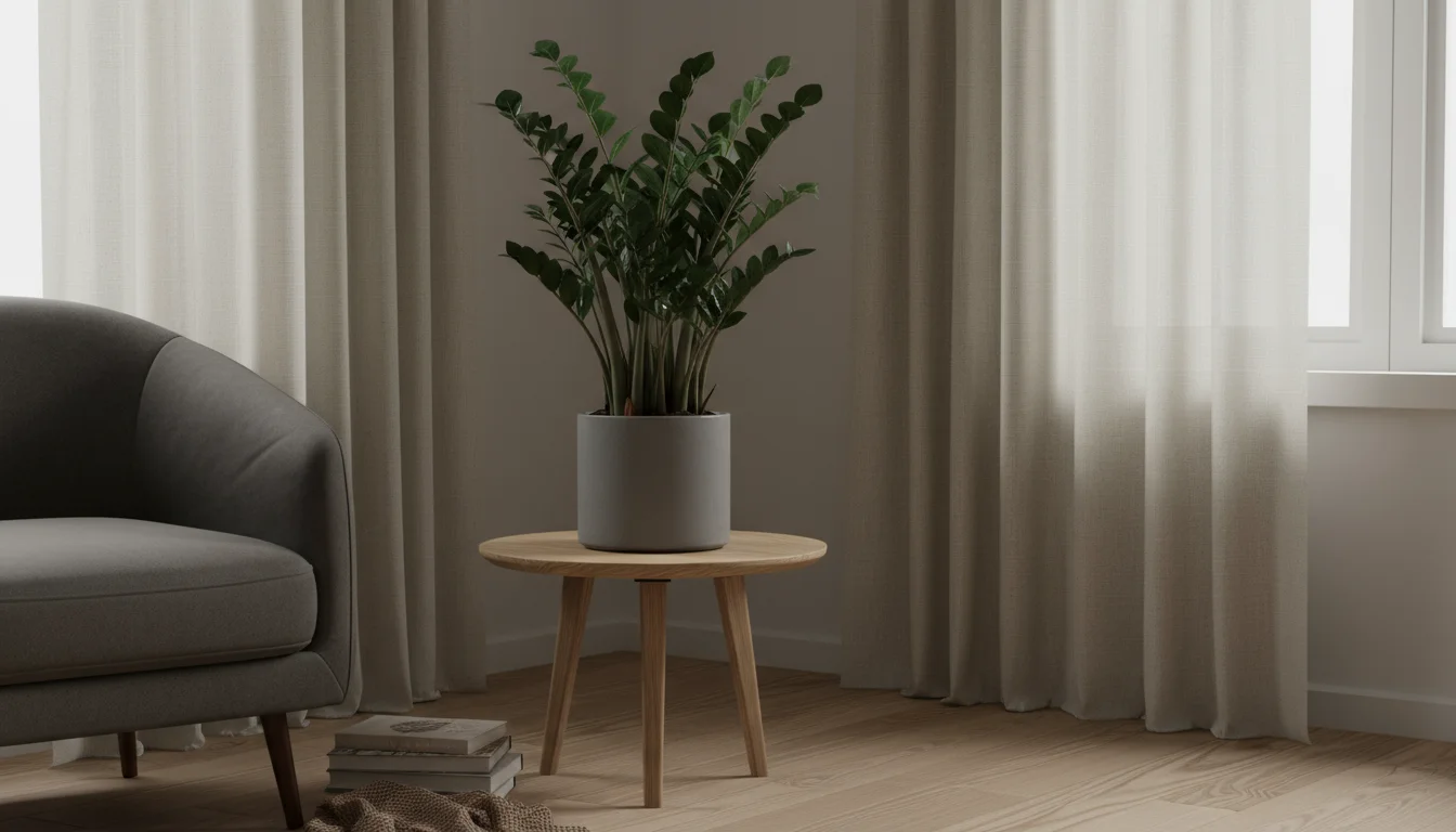 A vibrant ZZ Plant in a grey ceramic pot sits on a simple wooden table in a dimly lit room with sheer curtains.
