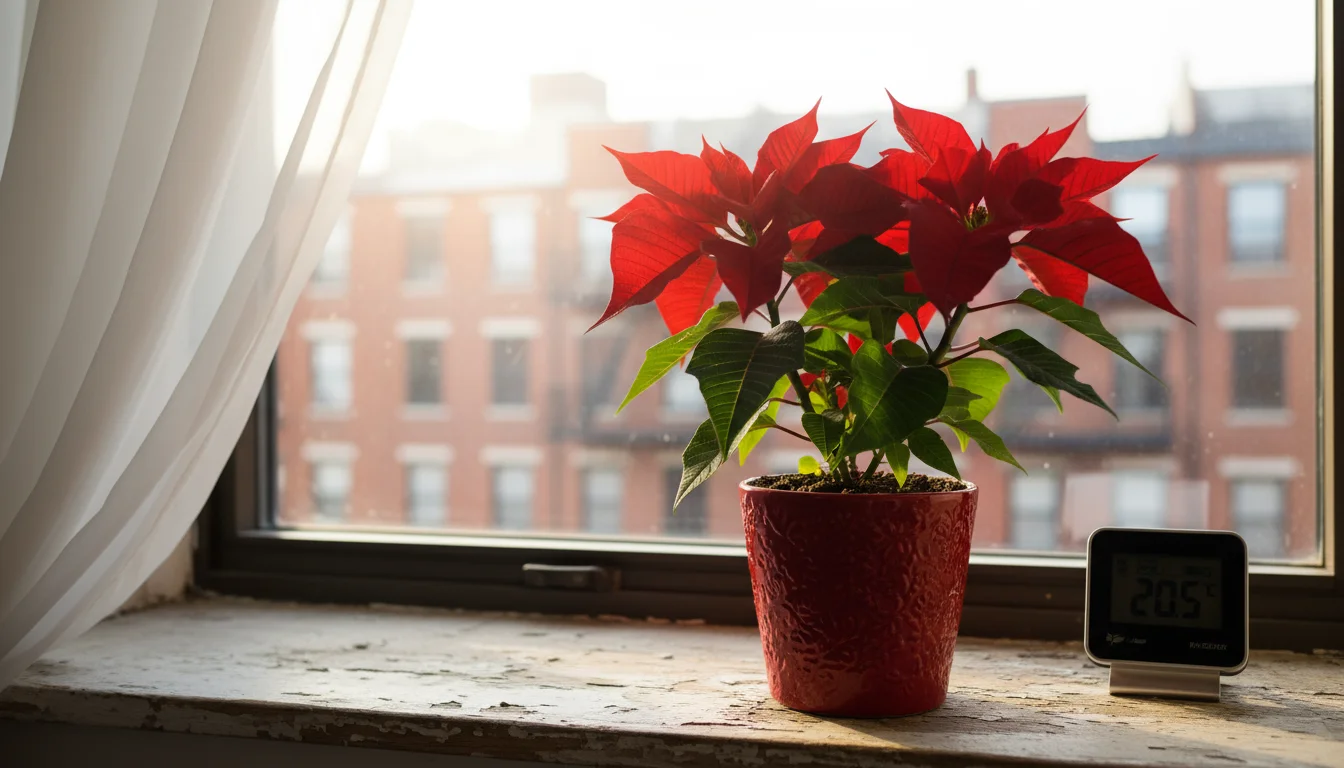 Vibrant poinsettia in a red pot on a windowsill, receiving indirect light through a sheer curtain. A digital thermometer is subtly visible.