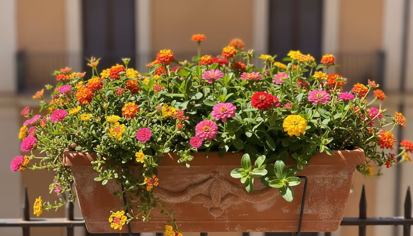 Vibrant Portulaca, Lantana, Zinnia, and Vinca flowers overflow a sun-drenched terracotta balcony railing planter, seen from above.