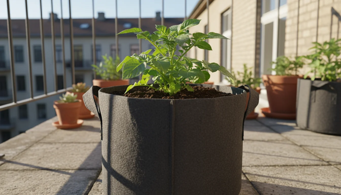 Vibrant potato plant in a fabric grow bag on a sunny balcony, soil hilled high, only top green foliage visible.