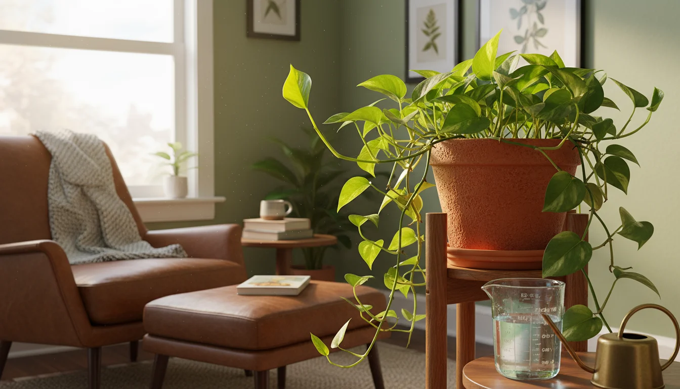 A vibrant Pothos houseplant with a new unfurling leaf sits next to a clear glass of heavily diluted liquid fertilizer on a windowsill.