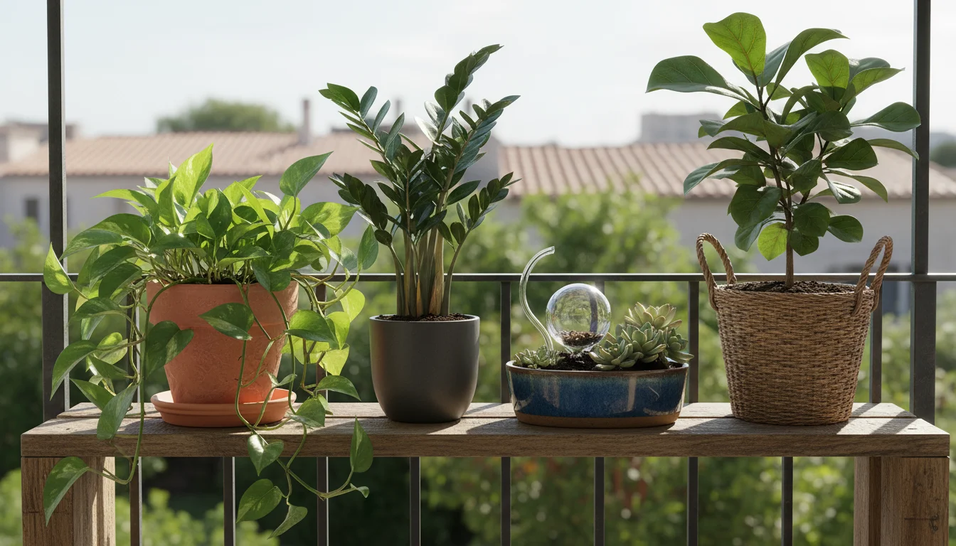 Vibrant Pothos, ZZ plant, and Fiddle Leaf Fig thrive in various pots on a sunlit wooden shelf, alongside a small trowel and bag of compost, symbolizin