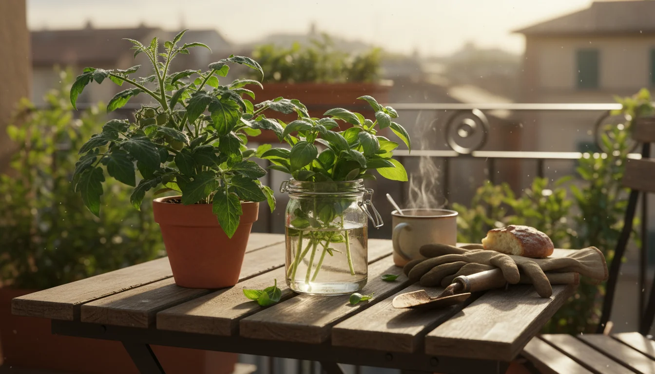 Vibrant potted plant and amber-hued kitchen scrap fertilizer tea in a repurposed jar on a sunny balcony table.