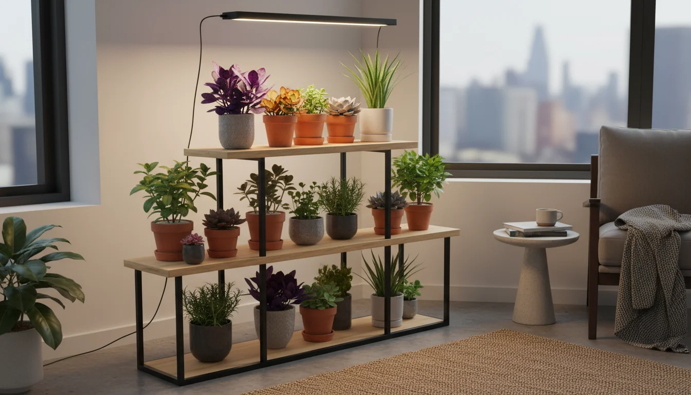 Vibrant potted succulents and herbs on a modern multi-tiered plant stand, thriving under a sleek LED full-spectrum grow light indoors.
