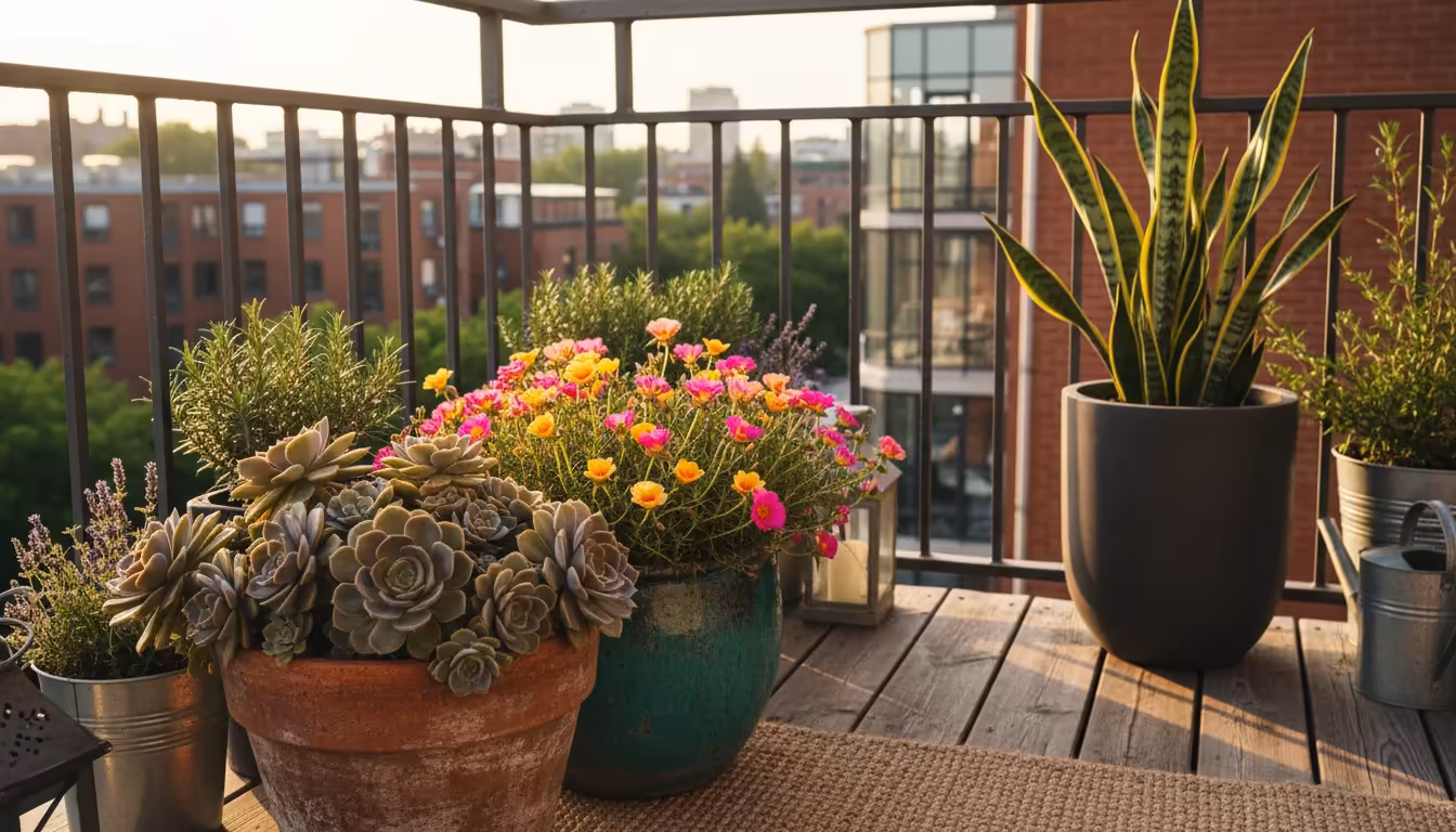 Vibrant potted succulents, snake plant, and blooming Portulaca thrive on a sunny urban balcony, demonstrating resilient plant selection.