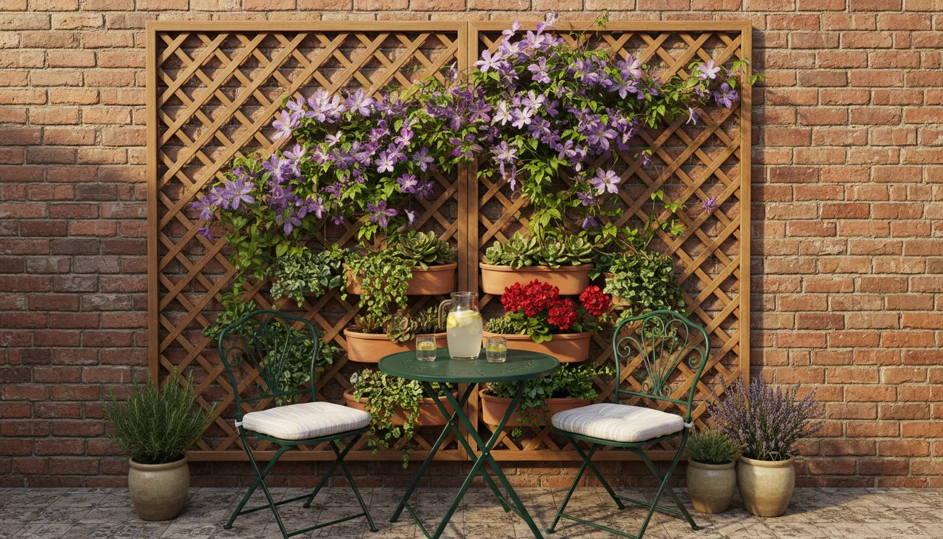 Vibrant purple clematis climbing a wooden trellis above tiered terracotta wall planters overflowing with herbs and greens on a sunny patio.