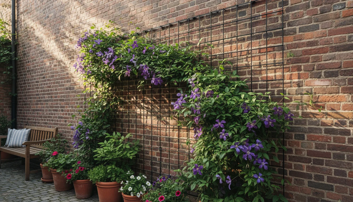 Vibrant purple clematis climbs a black metal trellis against a weathered red brick wall on a small urban patio, softening the hard surface.