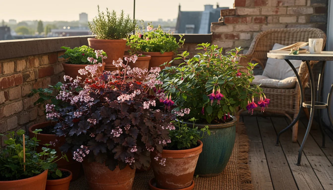 Vibrant purple Heuchera and dwarf coneflower thriving in terracotta pots on a sunny balcony.