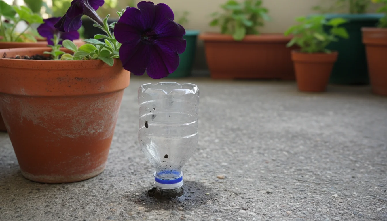 Vibrant purple petunia in a terracotta pot with a DIY plastic bottle drip waterer strategically placed for optimal hydration on an urban balcony.