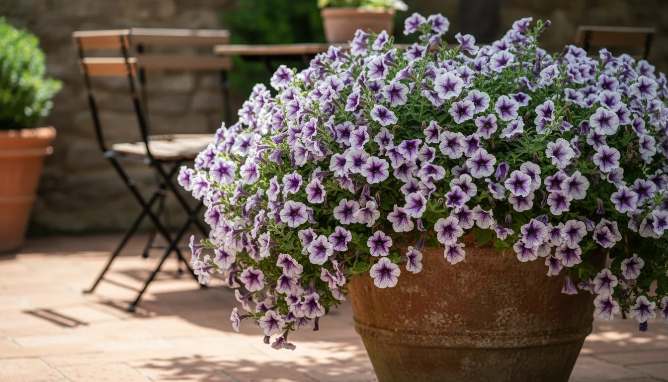 Vibrant purple and white Supertunia petunias overflowing from a terracotta pot on a sunny patio, showcasing their lush, cascading growth.