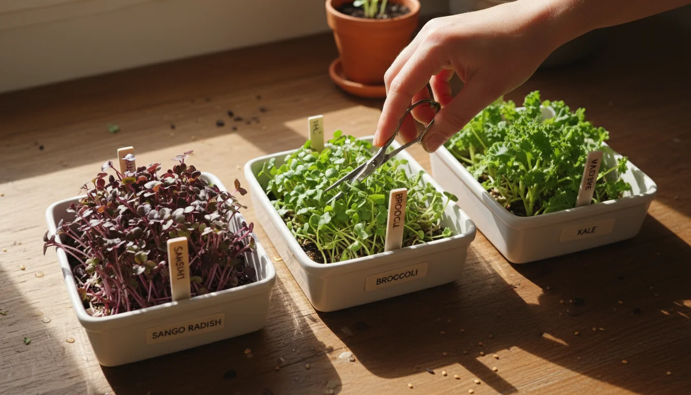 Overhead view of vibrant radish, broccoli, and kale microgreens in ceramic trays on a sunlit kitchen counter, with a hand holding shears above.