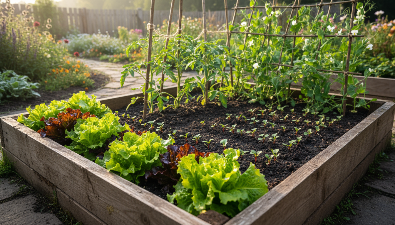Vibrant Swiss Chard and curly Kale thriving in a rectangular wooden planter on a sunny patio, perfect for small-space gardening.