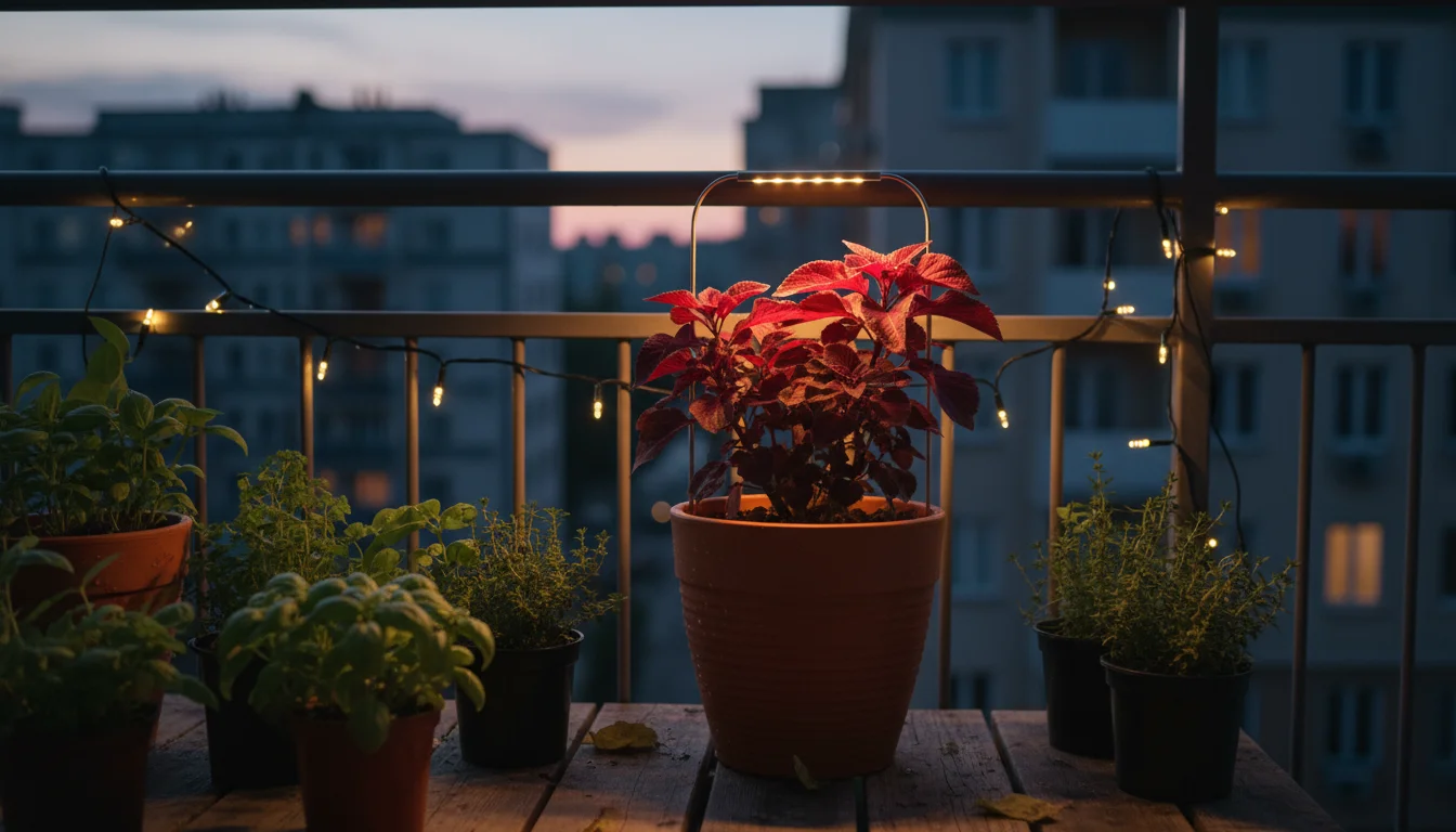 Vibrant red coleus plant thriving under a modern supplemental grow light on a cozy urban balcony at dusk, natural light fading.