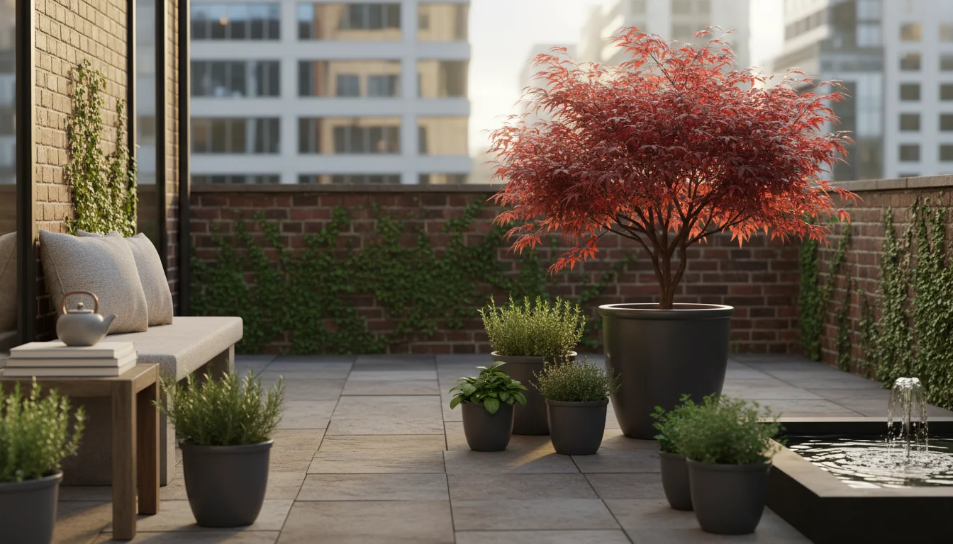 A vibrant red dwarf Japanese maple in a charcoal pot acts as a singular focal point at the far end of a small, well-designed urban patio garden.