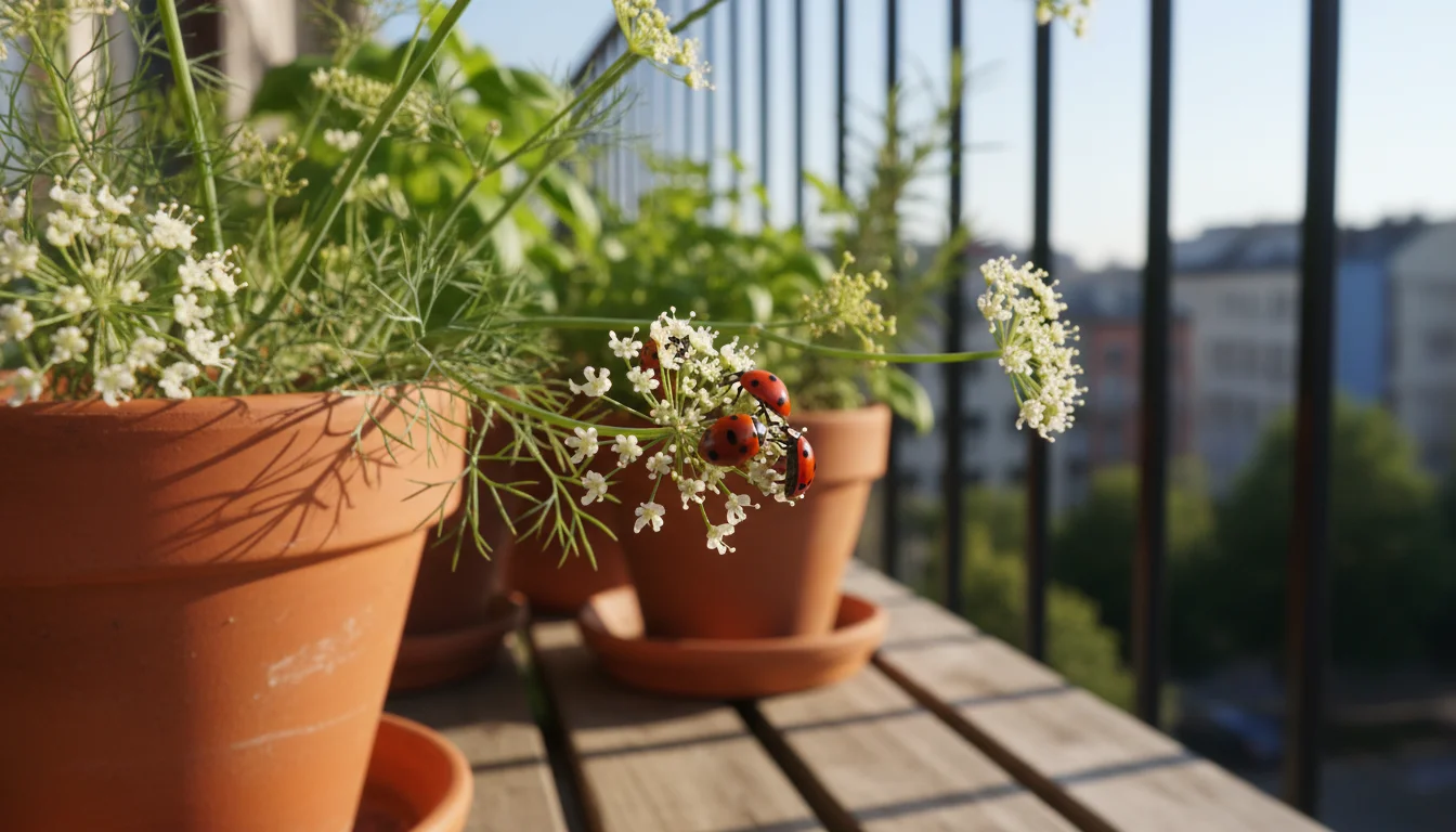Vibrant red ladybugs actively crawl and feed on the white flowers of a dill plant in a terracotta pot on a sunny balcony.
