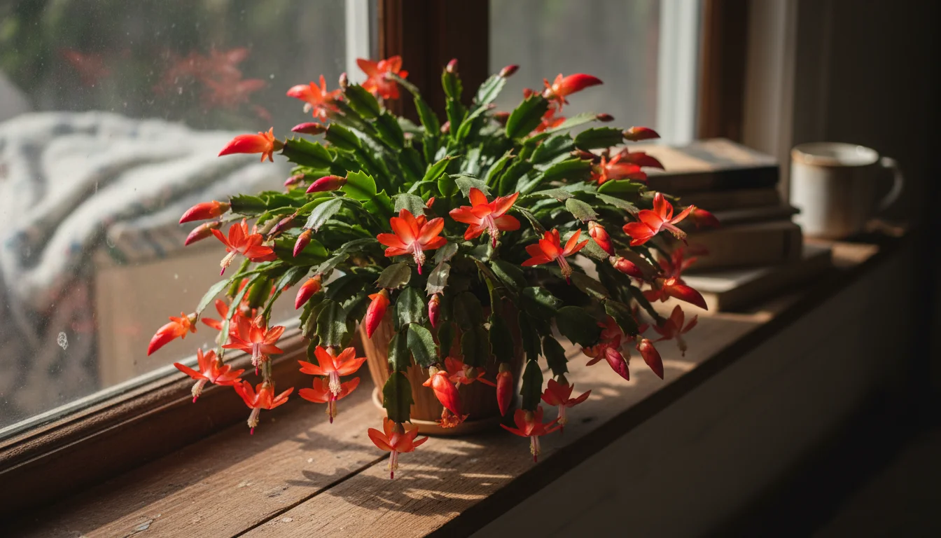 Vibrant red-orange Christmas cactus in full, lush bloom on a sunlit rustic windowsill, showcasing healthy segmented stems.