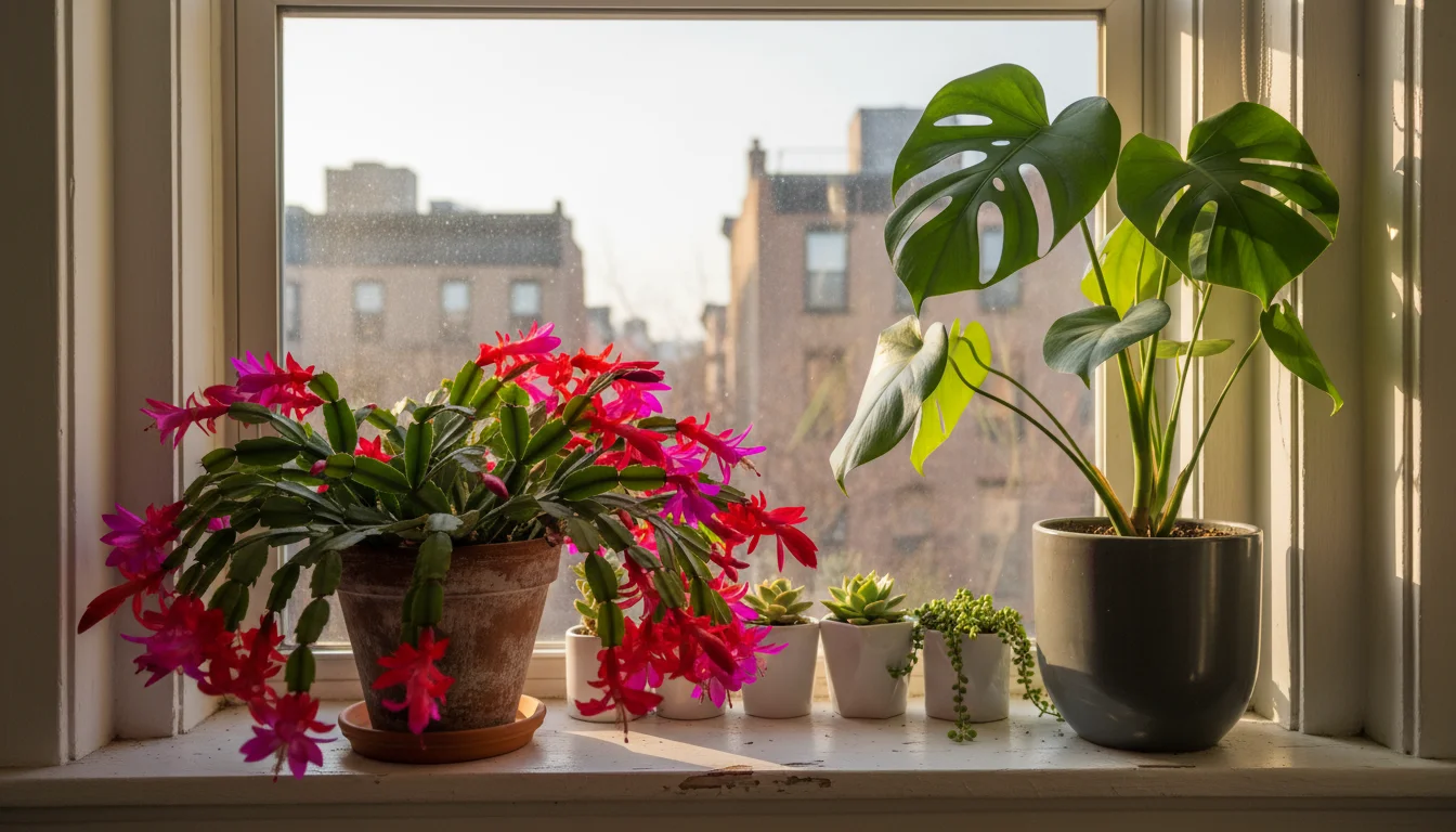A vibrant red and pink Christmas cactus in full bloom on a sunlit urban windowsill next to a healthy, deep green Monstera plant.