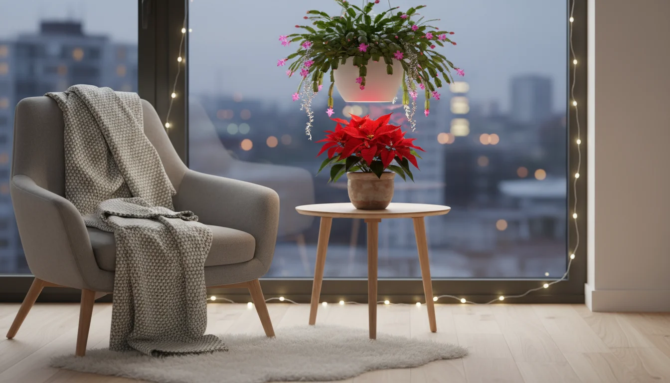 Vibrant red poinsettia and cascading pink and white Christmas cactus brightening a small, modern apartment corner with natural light.
