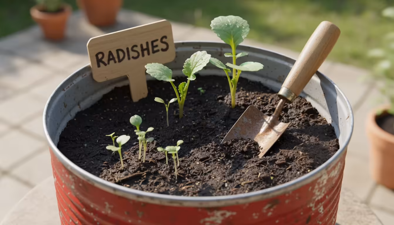Close-up of vibrant red repurposed metal tin planter with moist soil and tiny radish seedlings emerging, a rustic wooden plant marker visible.