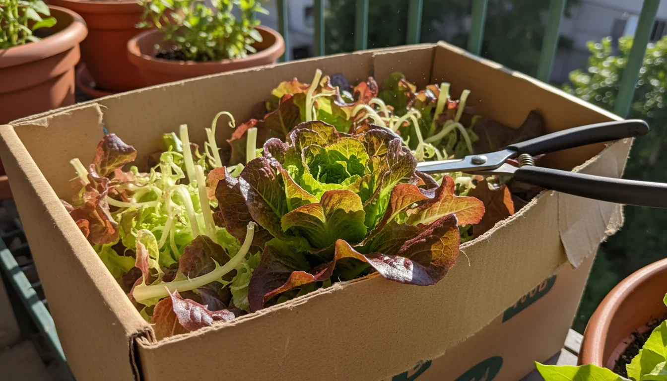 Close-up of vibrant 'Red Salad Bowl' lettuce growing in a cardboard shoebox planter, showing snipped leaves and new growth. Herb snips rest on the edg