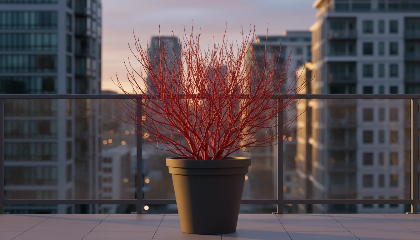 Vibrant red stems of an Arctic Fire dogwood in a large grey container on a modern balcony, bathed in soft light.