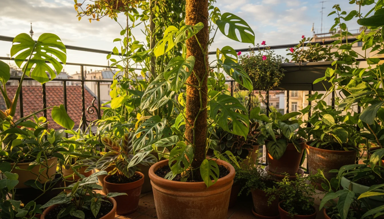 Vibrant Rhaphidophora tetrasperma on a moss pole, showing its deeply fenestrated leaves, in a sunlit container garden on an urban balcony.