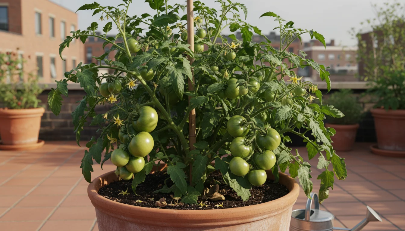 Vibrant, robust container tomato plant with green fruit on a sunny patio, no wilting, with slow-release fertilizer visible.