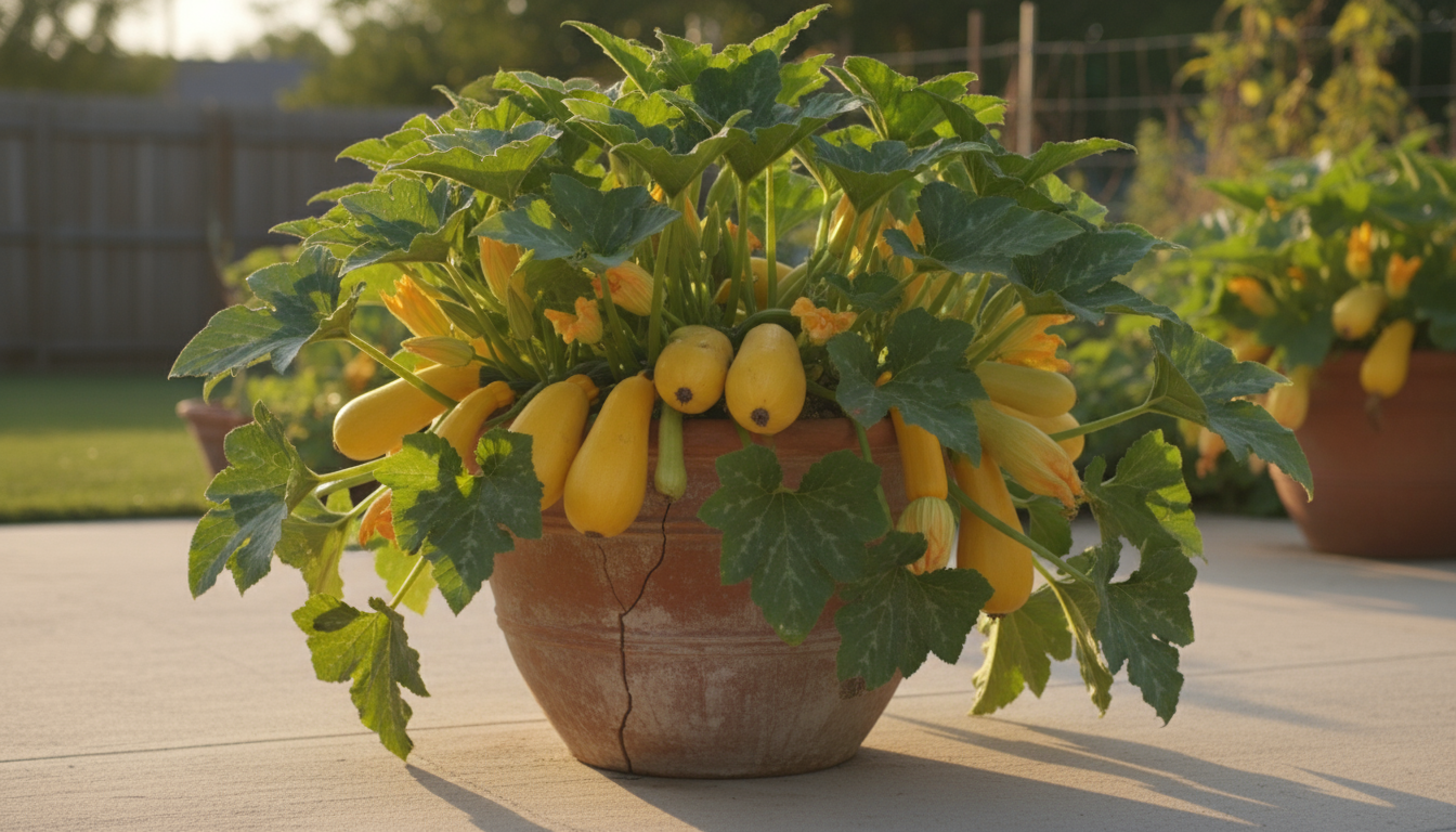A 'Patio Star' bush summer squash plant in a large terracotta pot, laden with numerous bright yellow squash on a sunny patio.