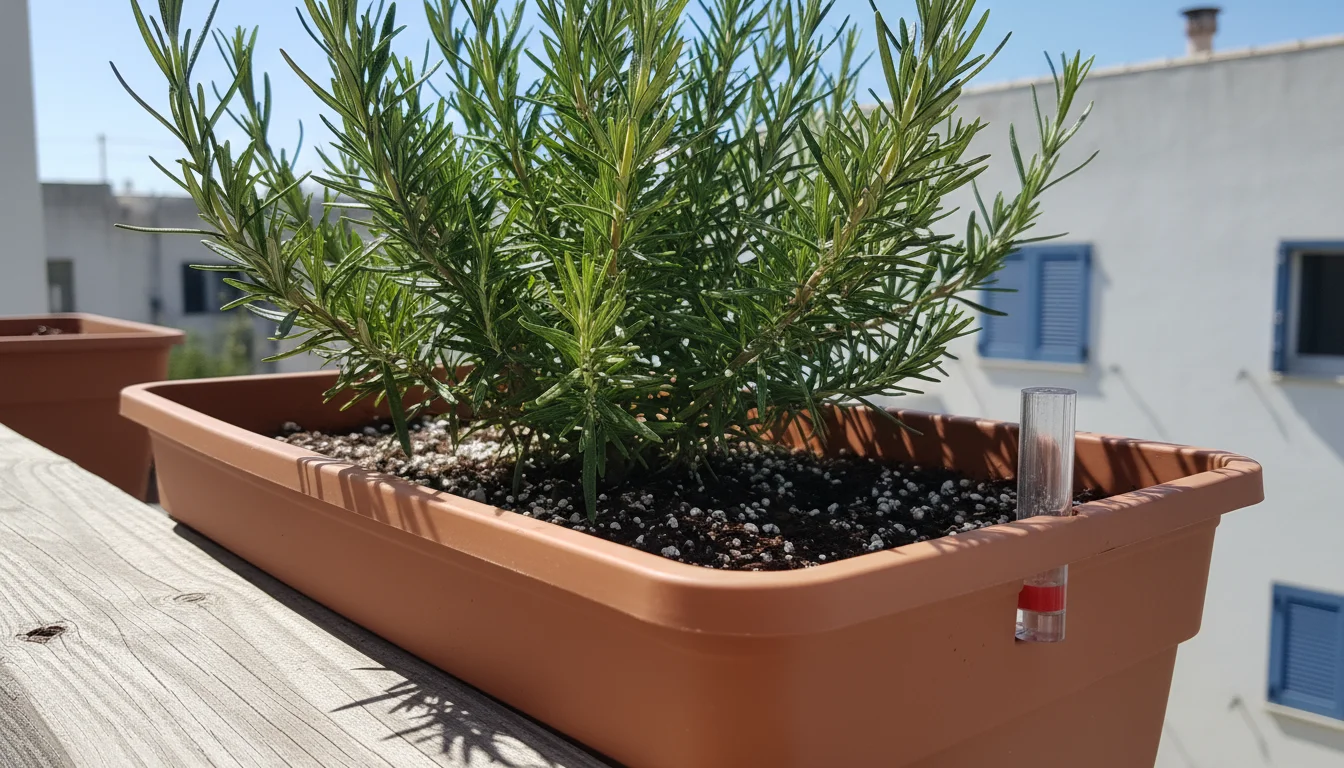 Close-up of a vibrant rosemary plant in a self-watering planter on a balcony railing, showing airy potting mix with perlite and a water level indicato