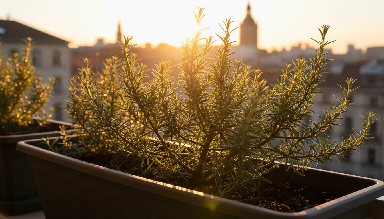 Vibrant rosemary plant in a sleek balcony planter box, glowing in strong afternoon sun against a blurred city skyline.
