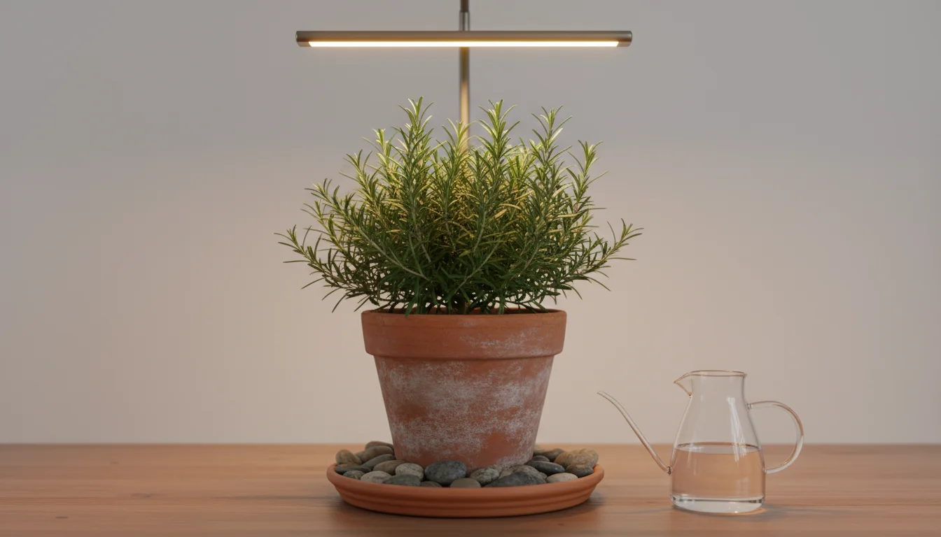 A vibrant rosemary plant in a terracotta pot sits on a pebble-filled saucer with collected water. A glass watering can is placed next to it.