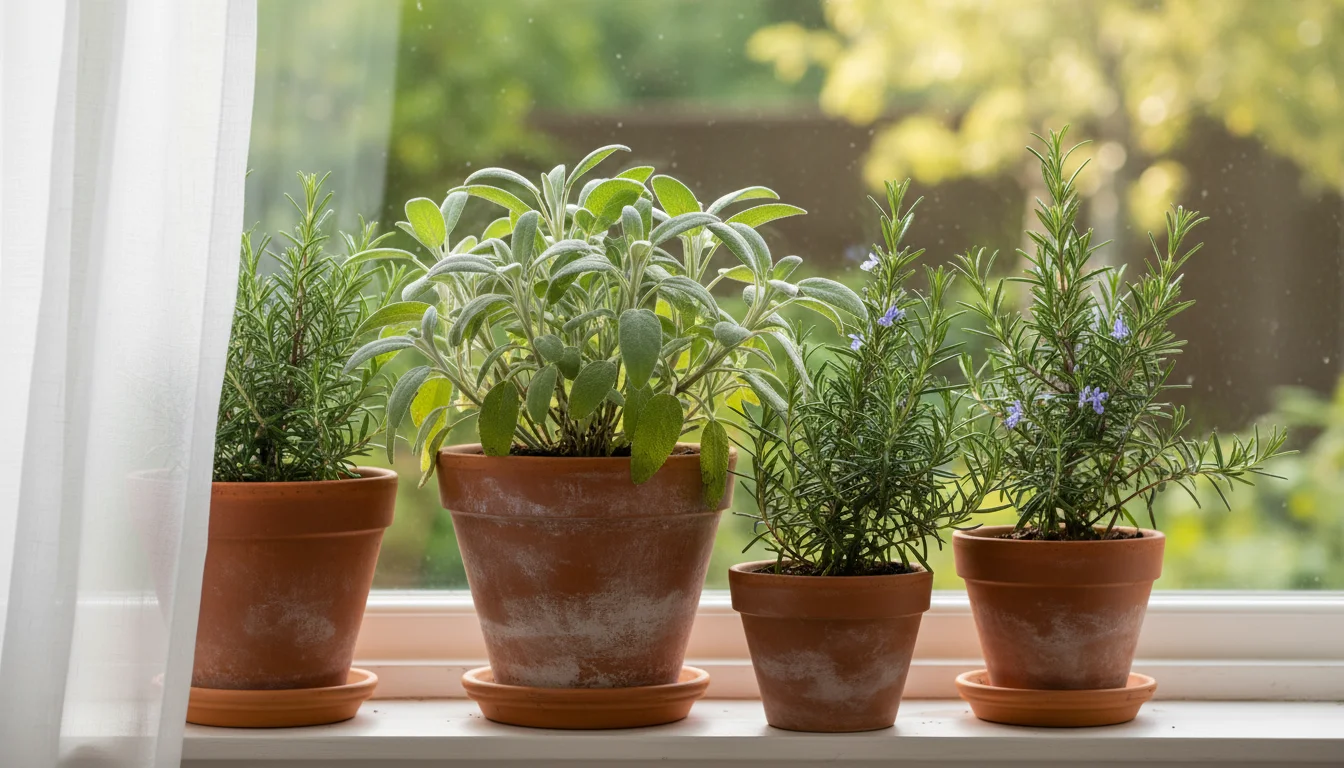 Vibrant sage and rosemary plants thrive in terracotta pots on a clean, sunlit windowsill, ready for holiday cooking.