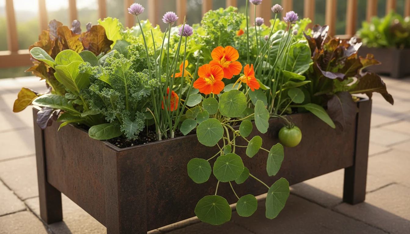 Vibrant salad greens, chives, marigolds, and nasturtiums growing together in a large patio planter box, showcasing companion planting.