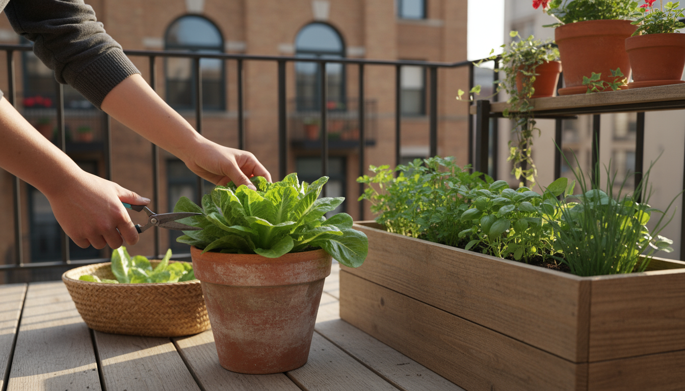Compact bush bean plant in a terracotta pot on a patio, heavily laden with green pods, as a hand begins to harvest.