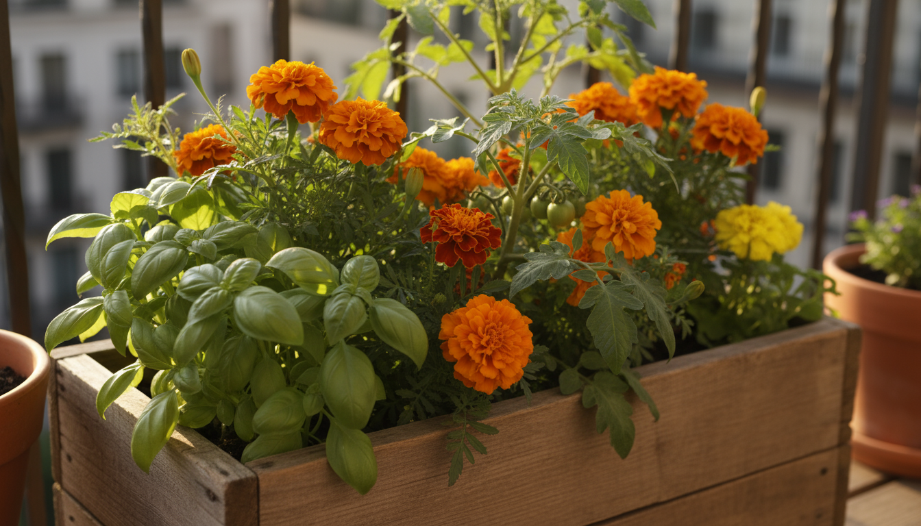 Close-up, slightly elevated view of a small container garden with orange marigolds, a tomato plant, mint, and rosemary in varied pots on a patio.