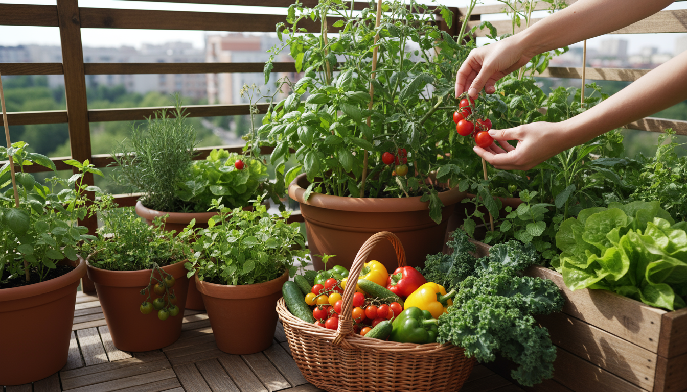 A vibrant dark wooden vertical planter on a patio, showing interplanted leaf lettuce, young tomatoes, radishes, and carrot greens in warm light.
