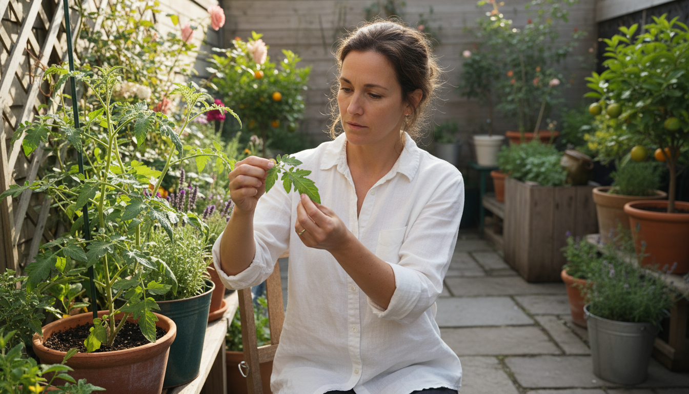 A compact 'Sungold' or 'Sweet Million' cherry tomato plant in a terracotta pot on a sunny patio, laden with ripe golden-orange and red tomatoes.