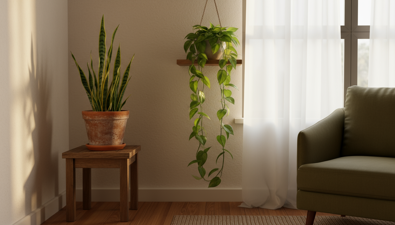 A multi-tiered plant stand holds vibrant Philodendron, Peace Lily, Prayer Plant, and Spider Plant in bright indirect light.