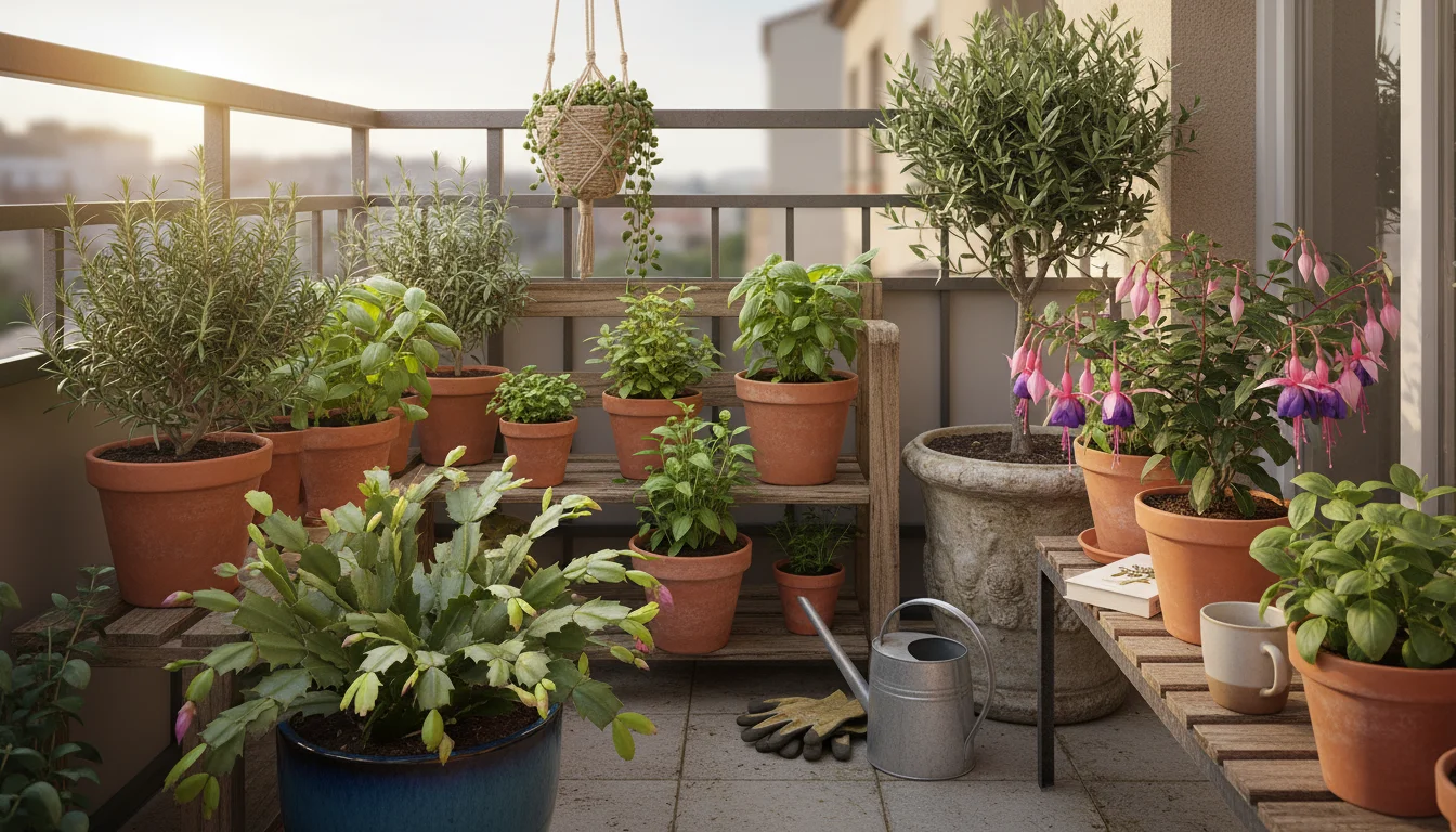 A vibrant small balcony corner with a thriving Christmas cactus, herbs, and fuchsia in various pots, lit by soft morning light.