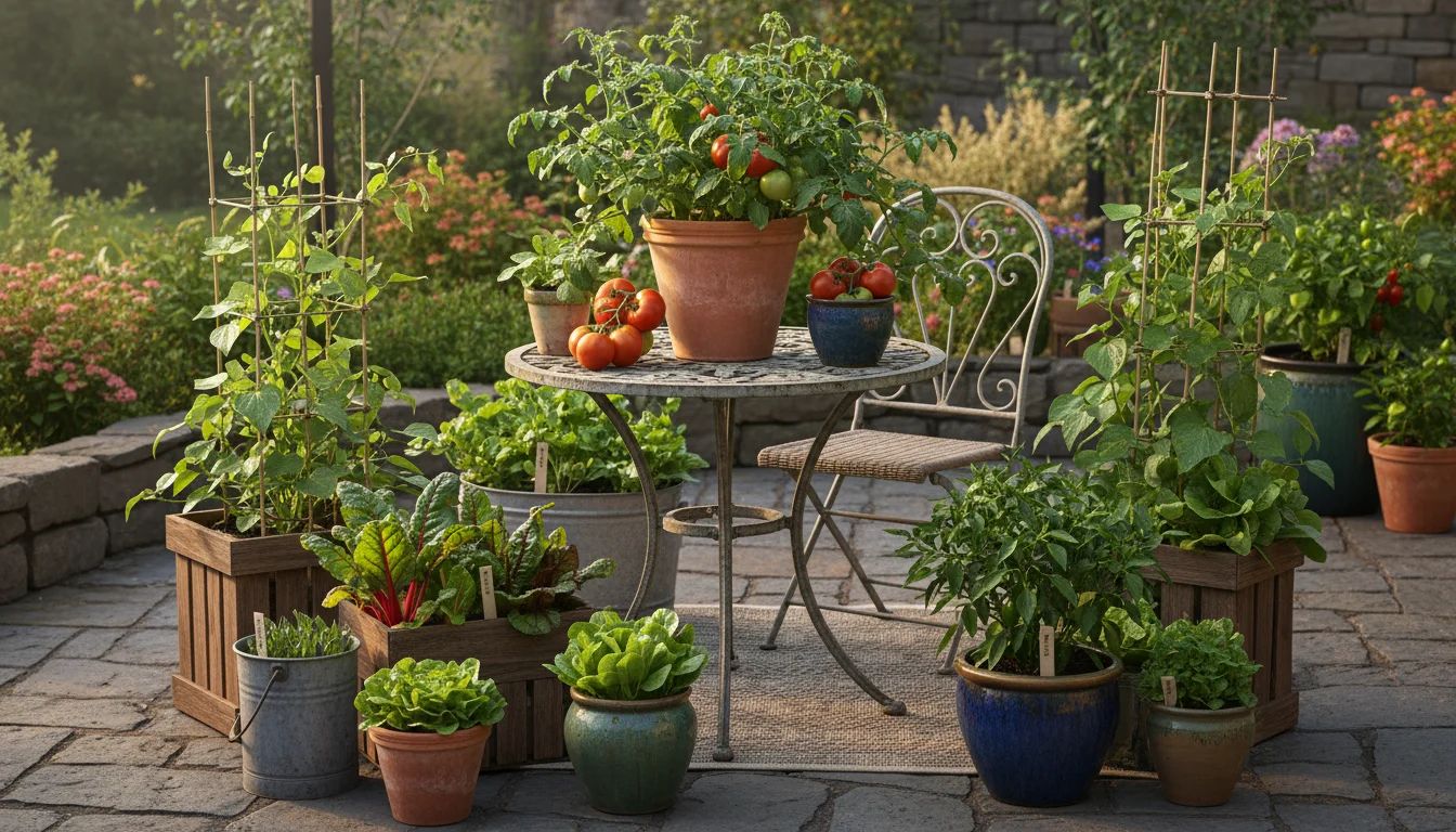 Elevated view of a vibrant small patio container garden featuring diverse vegetable plants in various pots, including tomatoes, peppers, Swiss chard,