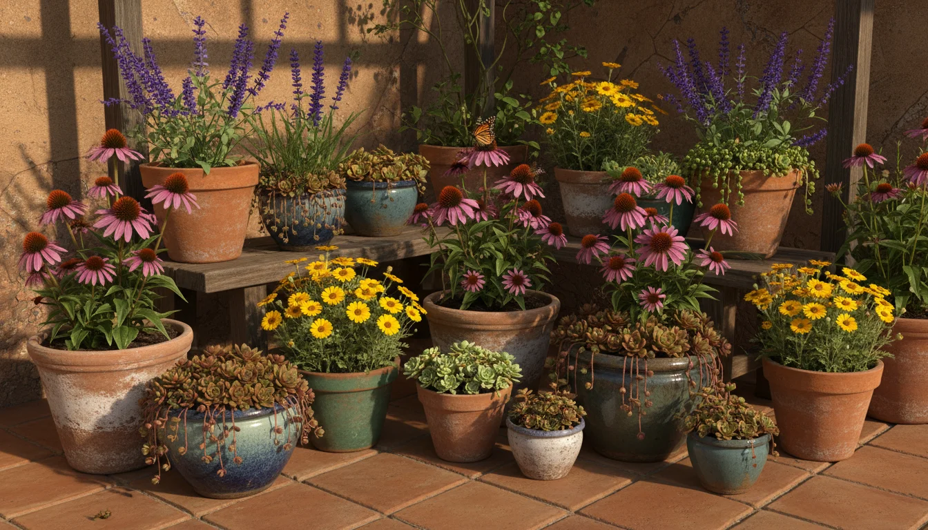 A vibrant small patio corner with various pots containing pollinator plants like purple coneflower, desert marigold, and salvia, under soft sun.