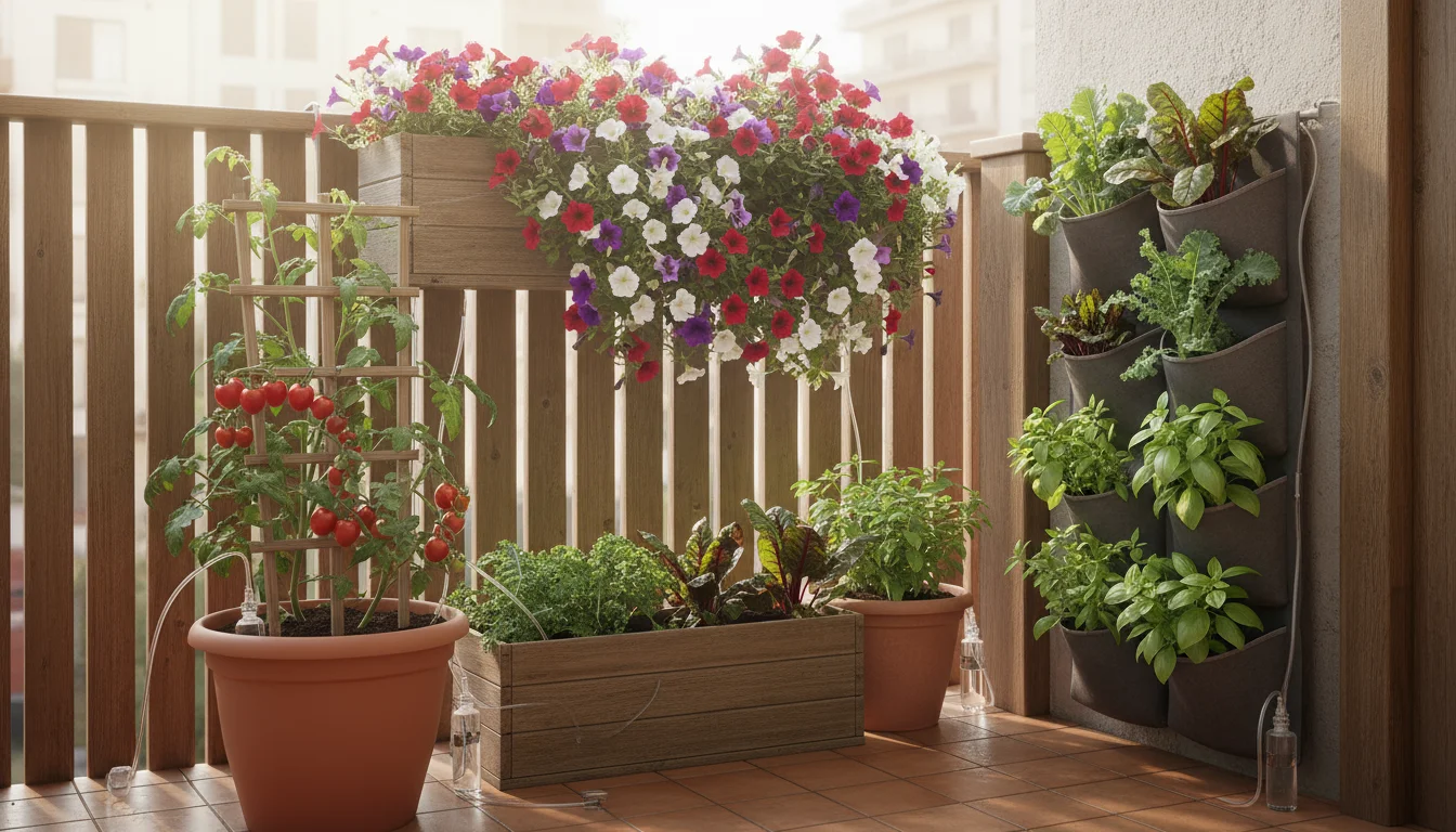 A vibrant small patio corner featuring various thriving plants like tomatoes, petunias, and basil in self-watering containers.