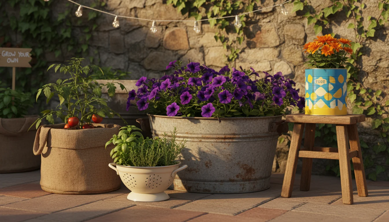 A vibrant small patio garden featuring repurposed containers like a galvanized tub, painted tin can, and ceramic colander filled with flowers and herb